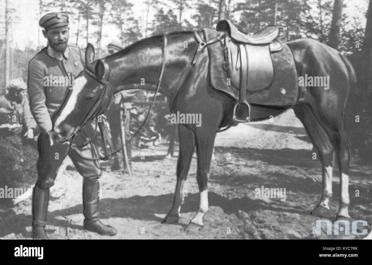 Ein Foto von Colonel Edward Śmigły-Rydz aus dem Jahr 1916, Kommandeur des Infanterieregiments der 1. Polnischen Legionen, der mit seinem Pferd an der Front des Ersten Weltkriegs posierte. Stockfoto