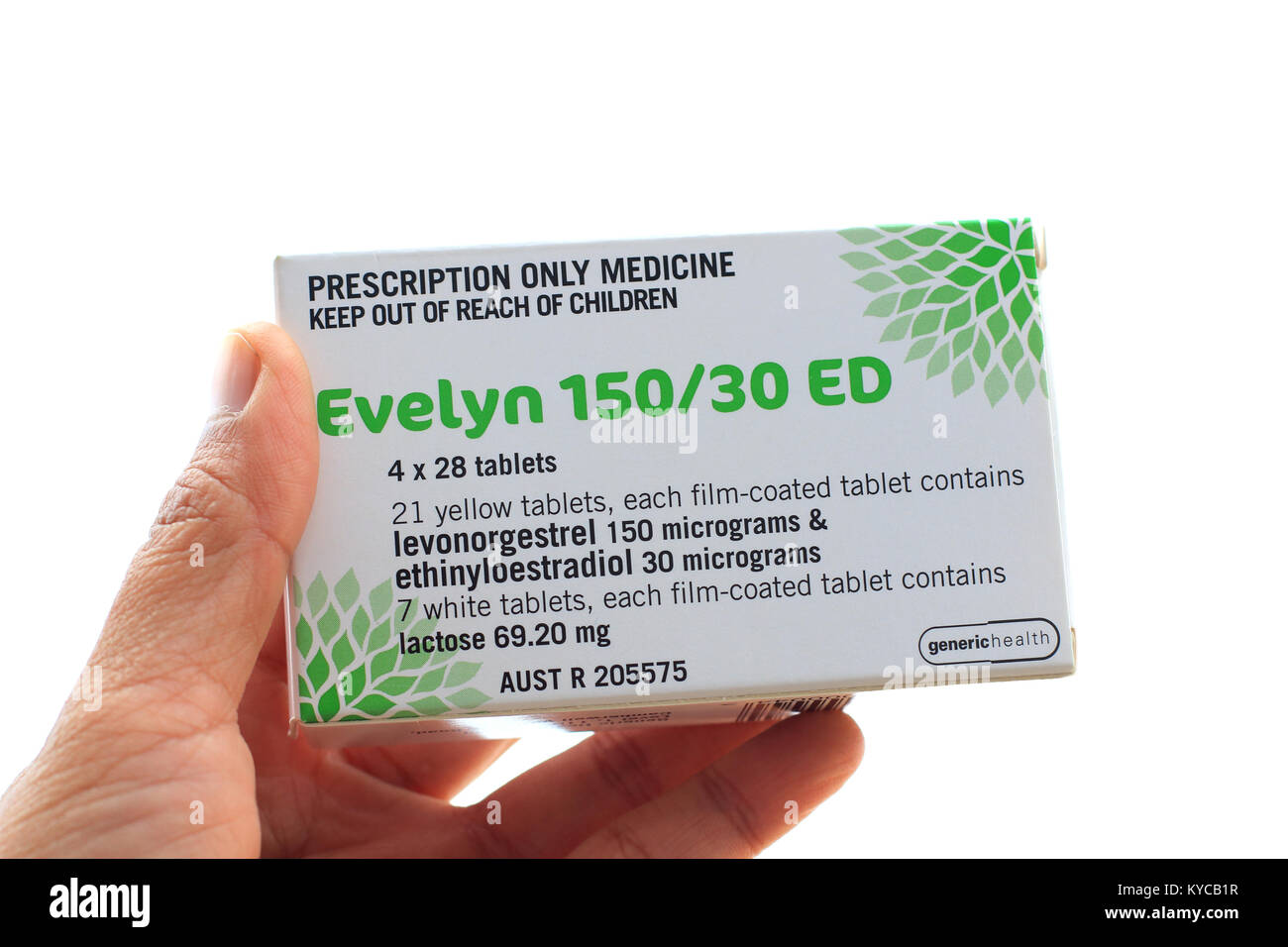Hand, Evelyn 150/30 ED-Tabletten isoliert Stockfoto