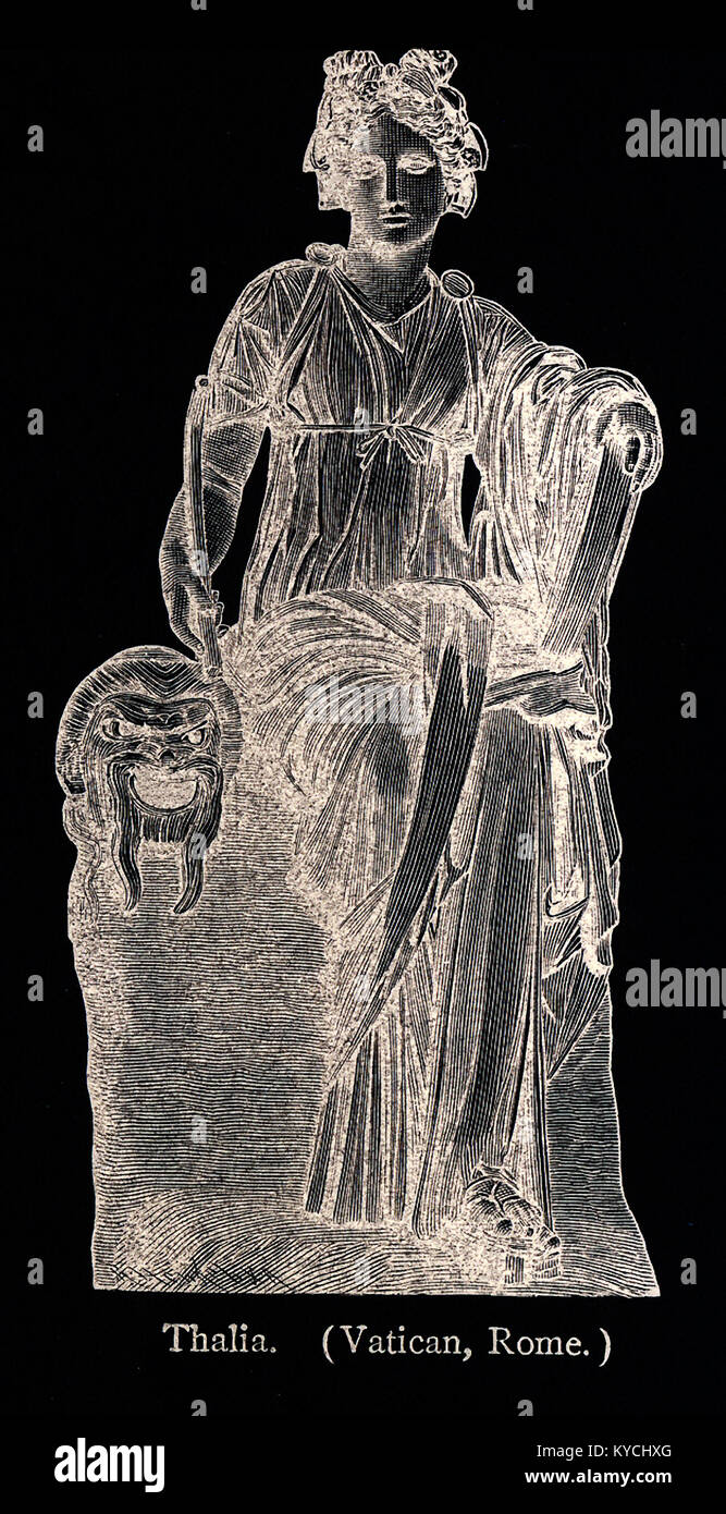 Diese Abbildung stammt aus dem Jahr 1898 und zeigt eine Statue von Thalia in den Vatikanischen Museen. Erato war als die Muse der Komödie geehrt. In der griechischen und römischen Mythologie, die Musen waren neun Töchter des Zeus und der Mnemosyne (Göttin der Erinnerung). Es wurden geehrt als Förderer der Künste und der Wissenschaften. Calliope war der Kopf Muse, und Apollo, der Gott der Weissagung und Song, war ihr Anführer. Stockfoto