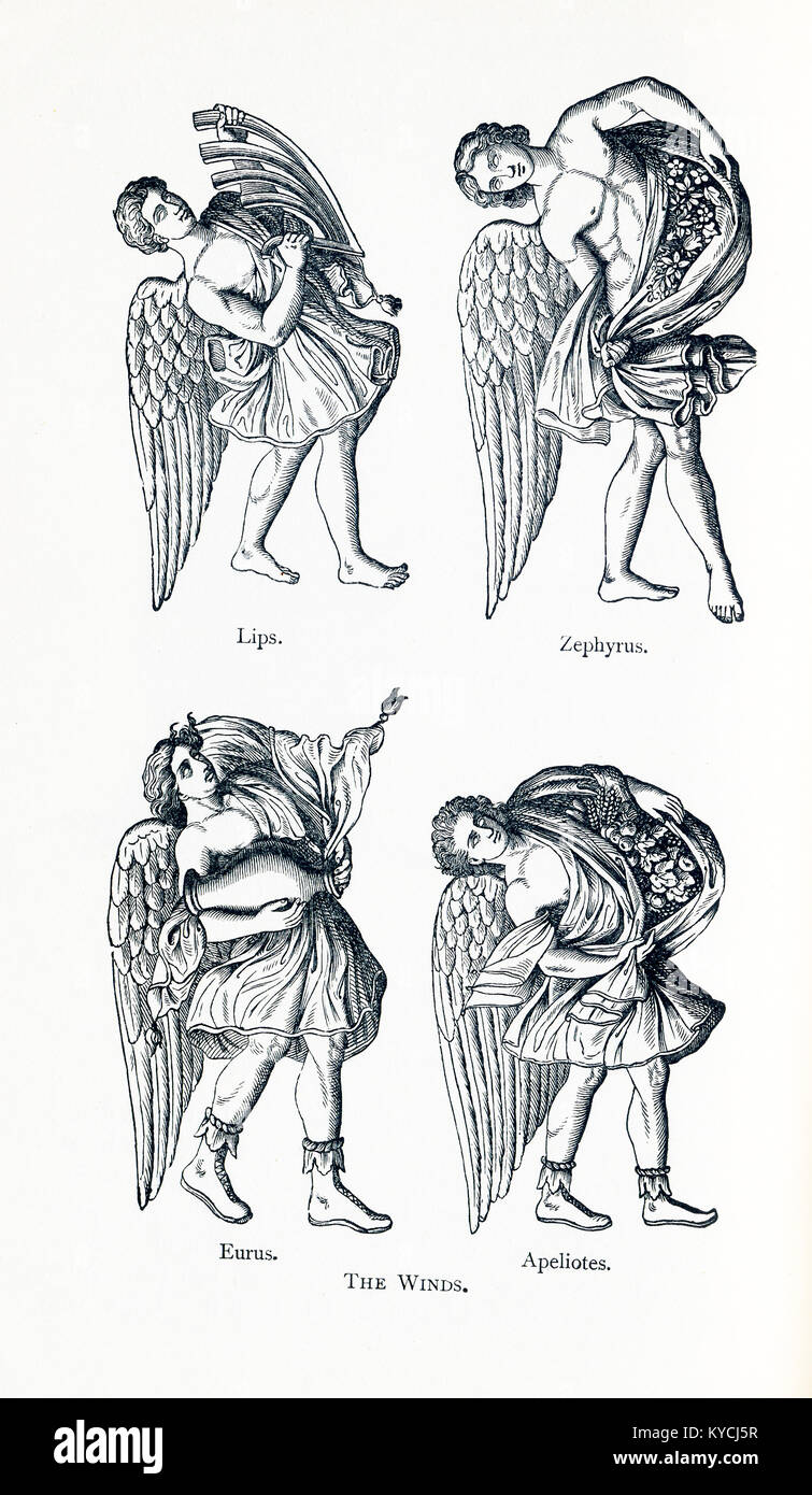 Hier die Zahlen dargestellt, nach der griechischen Mythologie, sind die Winde. Sie sind, von links nach rechts, von oben nach unten: Lippen, Zephryus, Eurus, und Apeliotes links. Lippen oder Livos, war der Gott des südwestlichen Wind. In der Regel er gezeigt wurde eine Schiff sternpost, weil, wenn der Wind den Südwesten in Athen" Hafen von Piräus Form, Schiffe konnte nicht segeln. Zephyrus war der Gott des West Wind. Zephyrus war die sanfteste der Winde und gilt als Vorbote des Frühlings. Er war abgebildet mit Blumen, einer milden Brise angegeben. Eurus oder Euro, war der Gott des Ostwind. Die Falten Stockfoto