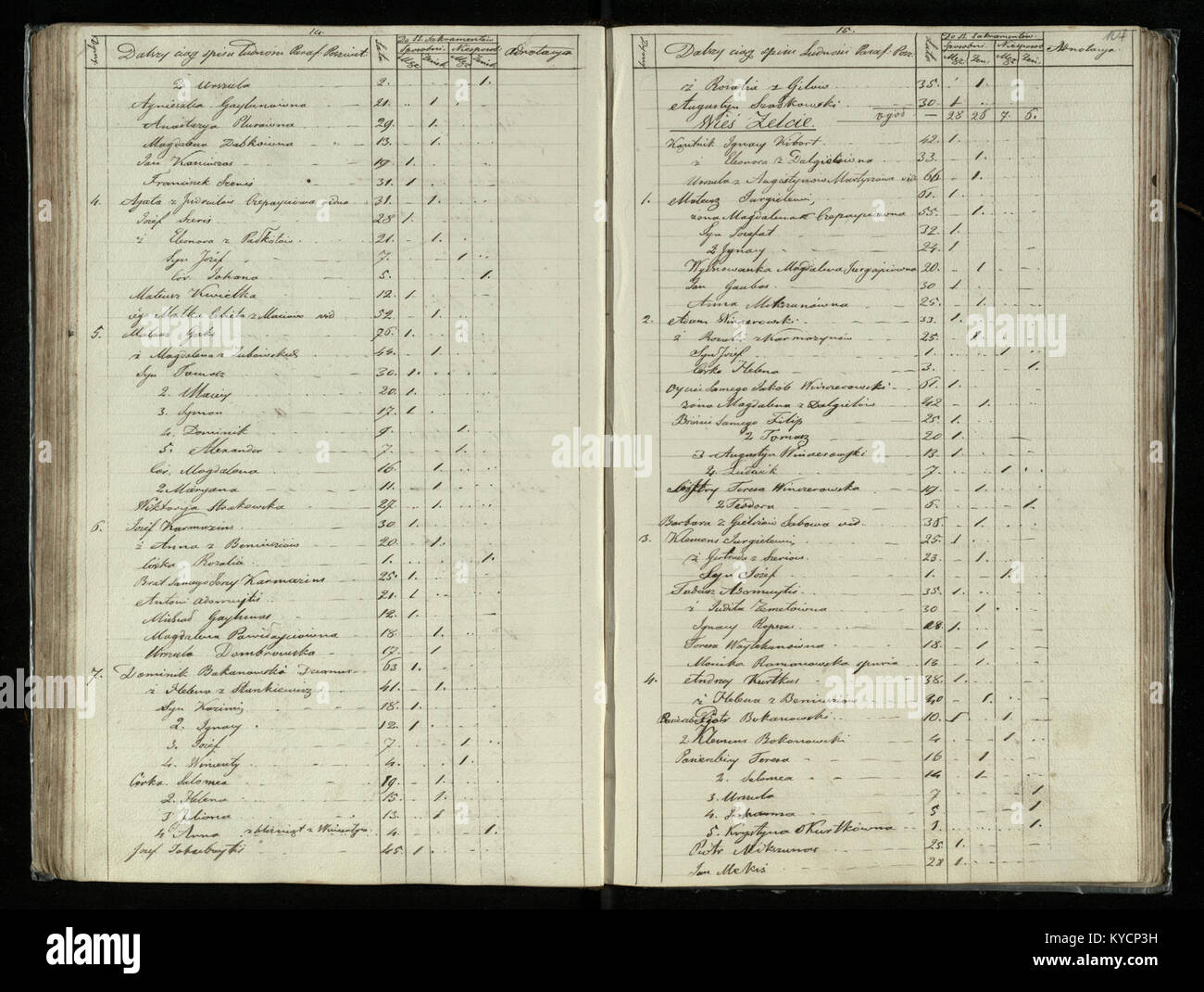1841 Pfarrerliste aus der römisch-katholischen Gemeinde Pašvitinys, in der die Einwohner und Familien innerhalb der Pfarrgemeinde katalogisiert werden. Stockfoto