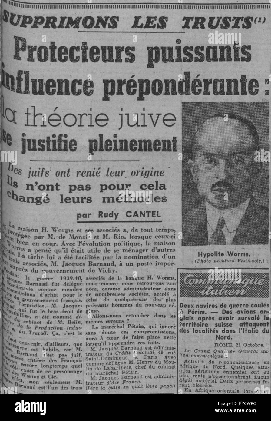 Titelseite der französischen Zeitung Paris-Soir vom 23. Oktober 1940 mit einem antisemitischen und kartellrechtlichen artikel, der während der deutschen Besetzung Frankreichs im Zweiten Weltkrieg veröffentlicht wurde Stockfoto