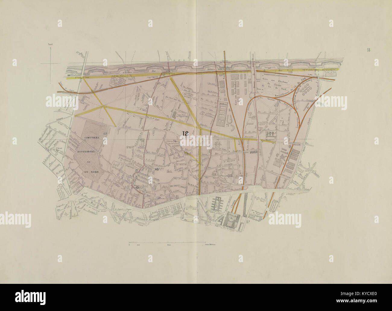 Eine detaillierte Karte von Eugène Andriveau-Goujon, die das 18. Arrondissement von Paris zeigt, zeigt städtische Grundrisse, Straßen und Topographie aus dem 19. Jahrhundert. Stockfoto