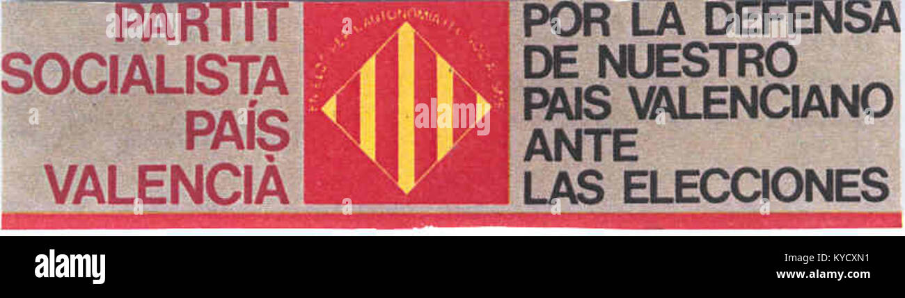 Politische Partei in der Gemeinschaft Valencias, Spanien, die zwischen 1974 und 1978 aktiv war und sich für Sozialismus und regionale Identität während des Übergangs Spaniens zur Demokratie einsetzte. Stockfoto