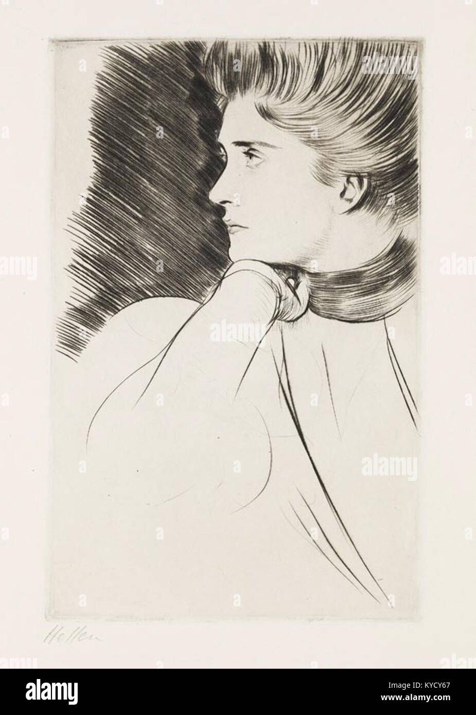 Ein Gemälde von Paul César Helleu, das eine sitzende Frau zeigt und Helleus Porträtstil und seine Verwendung von Licht, Form und Komposition in der bildenden Kunst veranschaulicht. Stockfoto