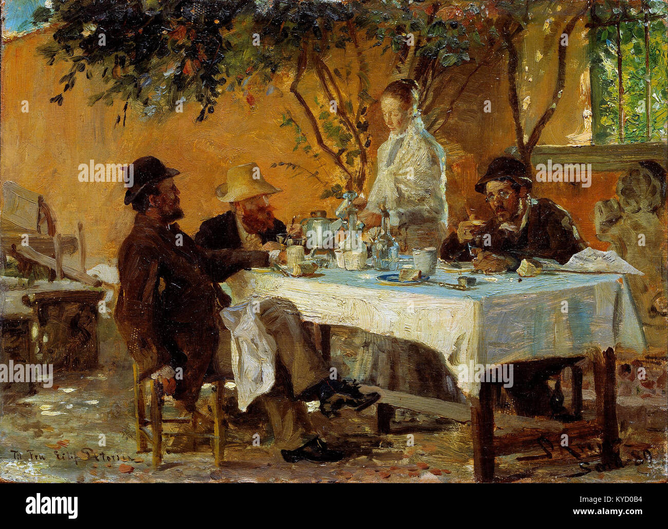 Gemälde von Peder Severin Krøyer mit dem Titel Frühstück in Sora, das Figuren zeigt, die im Freien mit natürlichem Licht speisen, typisch für den dänischen Impressionismus. Stockfoto