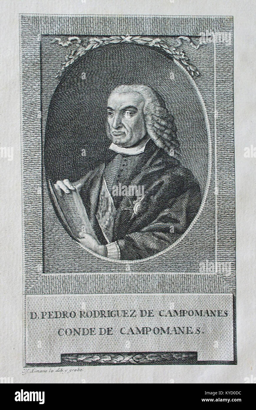 Dieser Kupferstich zeigt Pedro Rodríguez de Campomanes (1723–1802), 1. Graf von Campomanes, einen spanischen Staatsmann und Ökonomen der Aufklärung, dessen Porträt im Museum der Schönen Künste von Córdoba aufbewahrt wird. Stockfoto