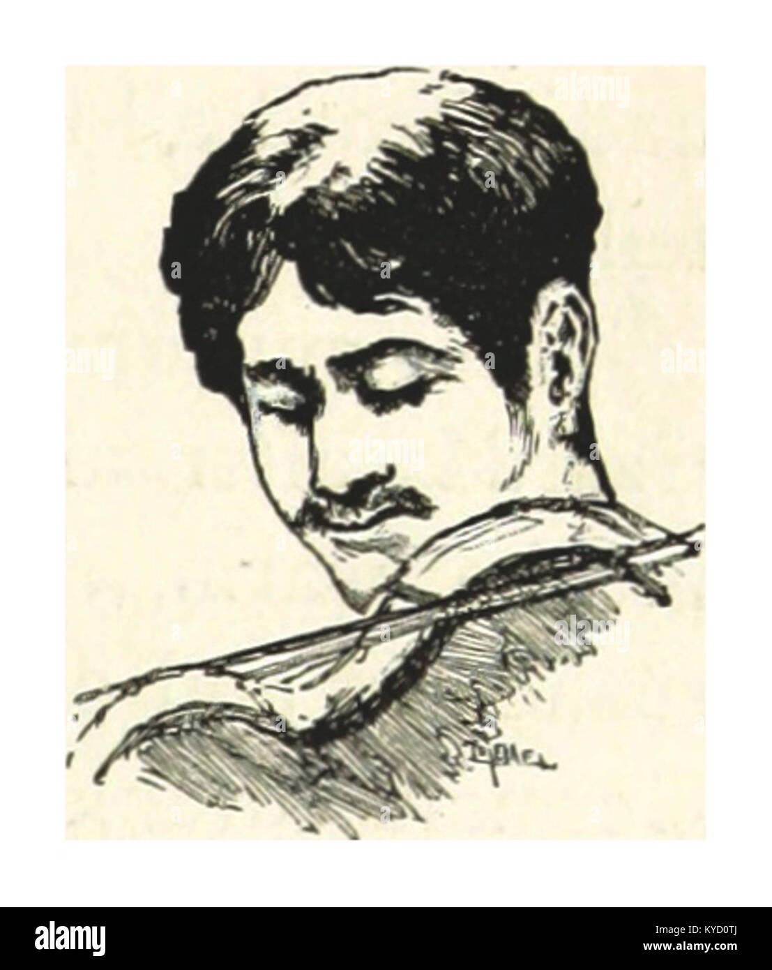 Die Illustration des amerikanischen Druckers Joseph Pennell aus dem Jahr 1893 zeigt einen Musiker aus Romani, der in einer bewaldeten Fassung eine Geige spielt, in Stift und Tinte ausgeführt, mit kontrastreichen Linien und atmosphärischen Schattierungen, die für Pennells Stil charakteristisch sind. Stockfoto