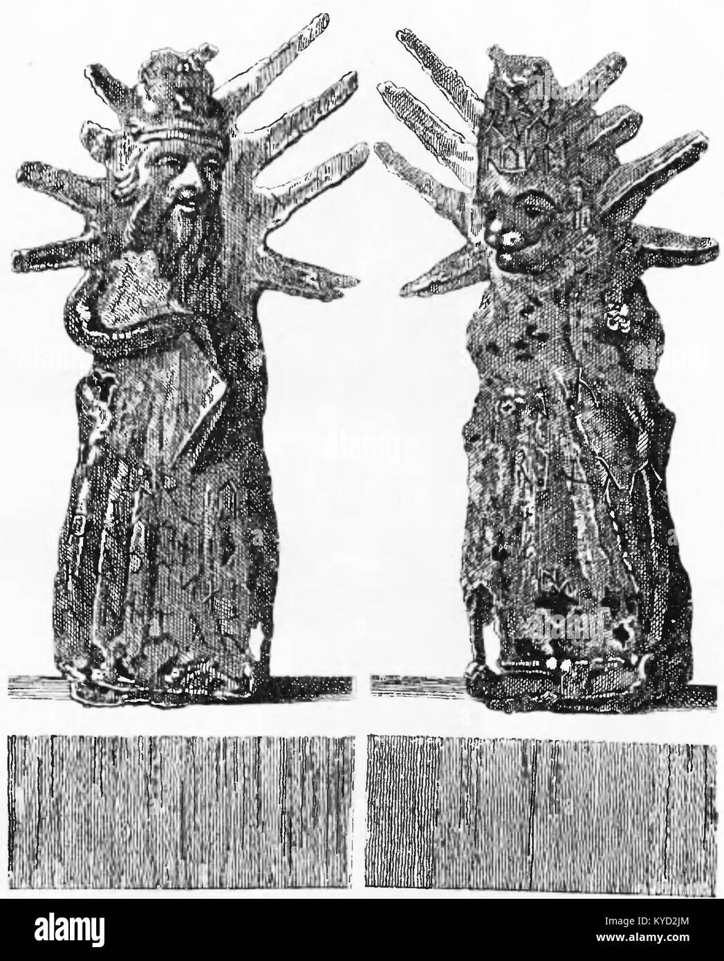 Eine Illustration von Franciszek Piekosiński aus der Serie „Kamienie mikorzyńskie“, Platte IV A, die alte geschnitzte Steine oder Artefakte zeigt, die mit der slawischen Gottheit Perkunust zusammenhängen. Stockfoto