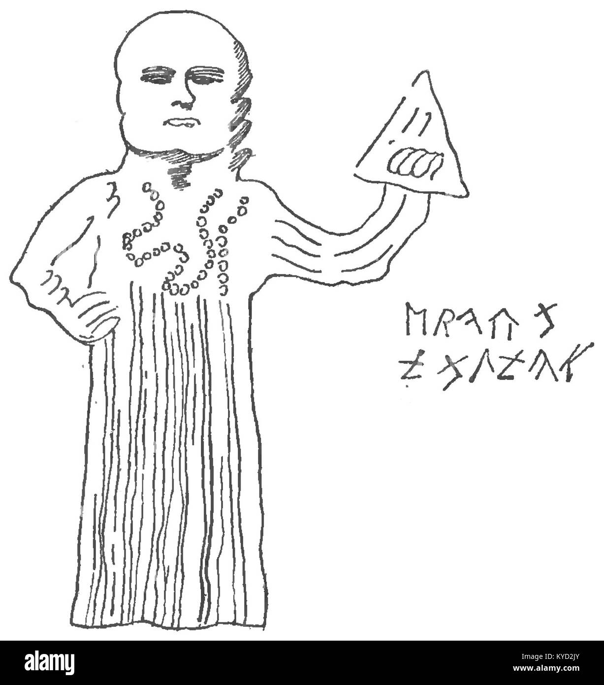 Eine archäologische Illustration von Franciszek Piekosiński aus der Serie „Kamienie mikorzyńskie“, Platte V B, die alte Steine oder Inschriften zeigt, die mit dem slawischen Erbe und der Gottheit Radegast zusammenhängen. Stockfoto