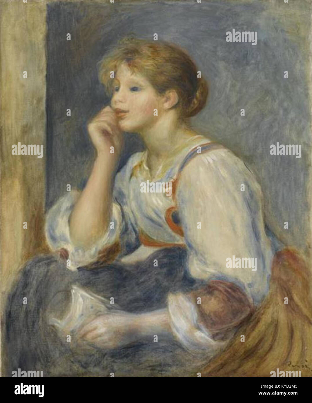 Pierre-Auguste Renoir’ Gemälde „Femme à la lettre“ zeigt eine Frau, die einen Brief liest, und betont dabei Intimität, Licht und die sanfte Farbpalette, die für seinen impressionistischen Stil charakteristisch ist. Stockfoto
