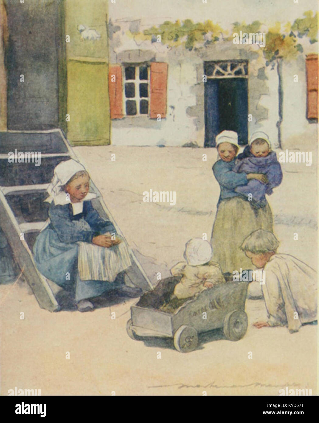 Ein Gemälde mit dem Titel „Playing on the Place“ aus Pont-Aven, das Figuren auf einem ländlichen Platz darstellt, verbunden mit der Pont-Aven Schule und der postimpressionistischen Kunstbewegung in Frankreich. Stockfoto