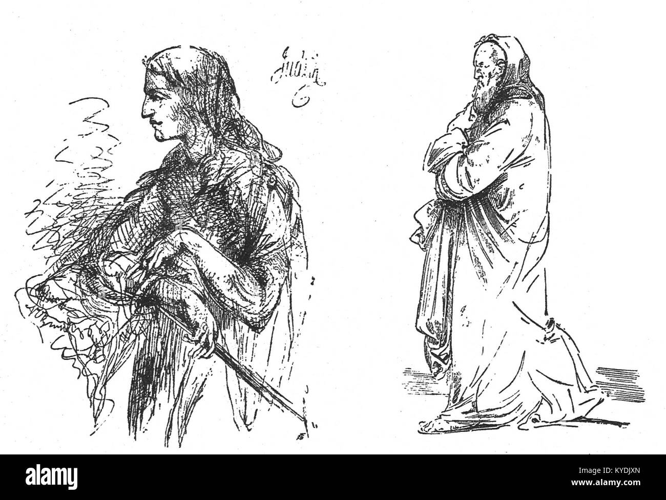 Eine Seite aus Cyprian Norwids gesammelten Werken zeigt zwei Federzeichnungen mit dem Titel Judith und Alte Jude, die Norwids künstlerische und literarische Vielseitigkeit im Polen des 19. Jahrhunderts widerspiegeln. Stockfoto