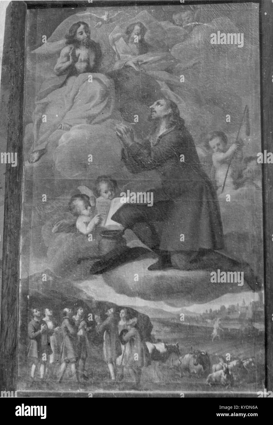 Ein Bild des Heiligen Isidor aus dem Jahr 1951 aus der Kapelle der Muttergottes auf Humec, Slowenien, das die religiöse Statue in einer traditionellen kirchlichen Umgebung darstellt. Stockfoto