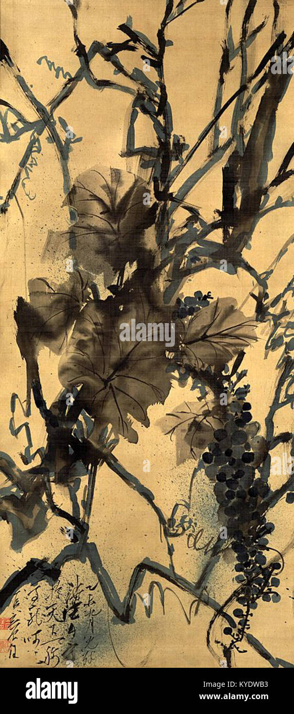 Ein Gemälde des japanischen Künstlers Tachihara Kyōsho mit dem Titel Trauben (Budō-zu), das eine delikate Anordnung von Weinstöcken und Blättern im traditionellen Nihonga-Stil darstellt, die natürliche Schönheit und subtile Pinselarbeiten betont. Stockfoto