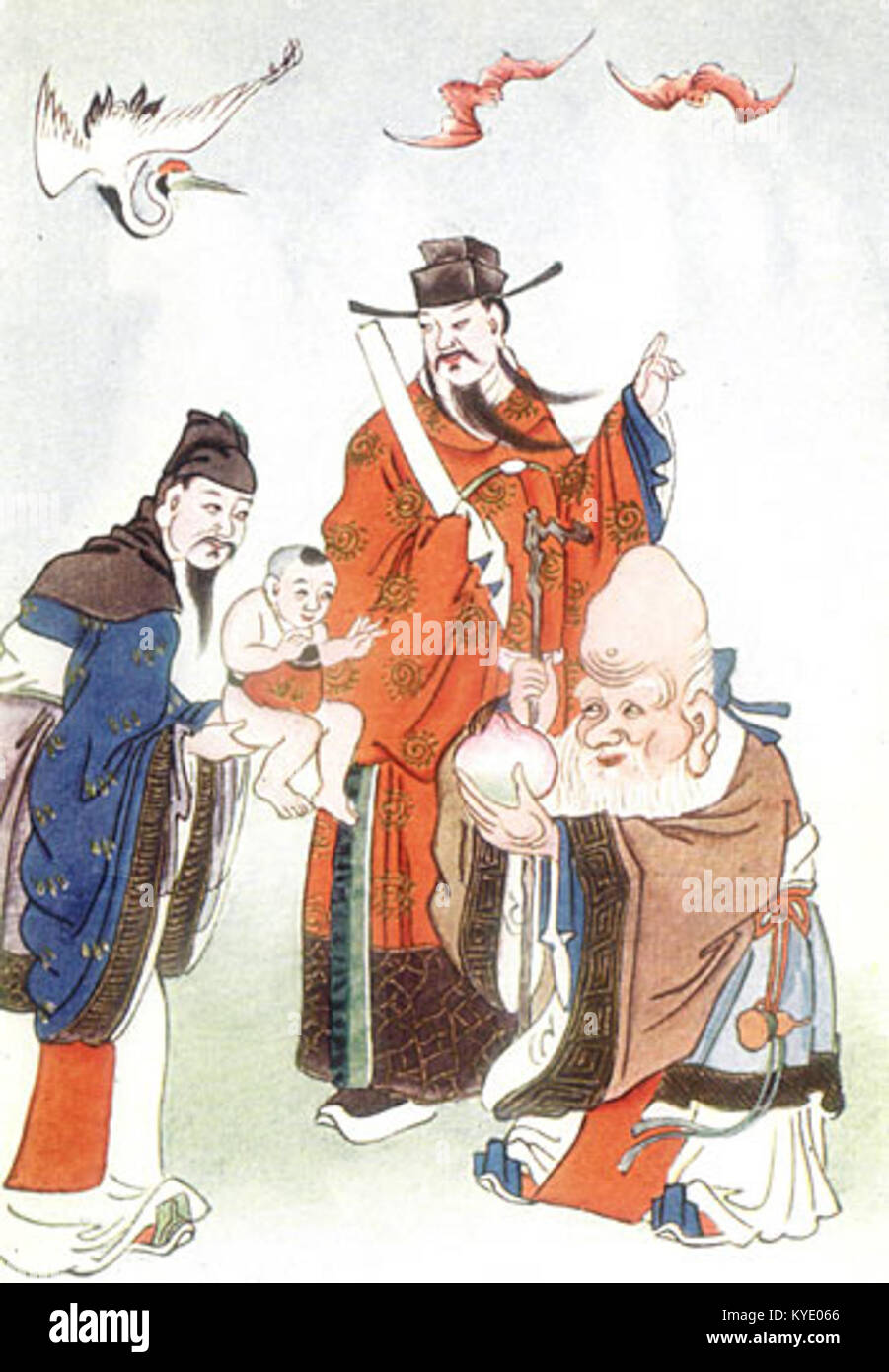 Dieses Kunstwerk mit dem Titel „die Götter des Glücks, des Amtes und der Langlebigkeit“ zeigt ein traditionelles ostasiatisches Gemälde mit drei Gottheiten, die Glück, bürokratisches Amt und Langlebigkeit repräsentieren. Stockfoto