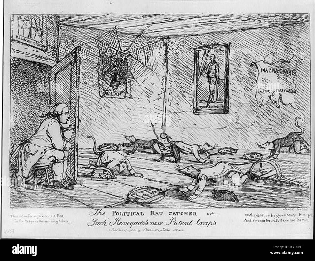 Ein politischer Zeichentrick mit dem Titel „Jack Renegado's New Patent Trap“, in dem Satire politische Strategien und Verhaltensweisen durch metaphorische Bilder kritisiert, die typisch für politische Illustration des 19. Jahrhunderts sind. Stockfoto