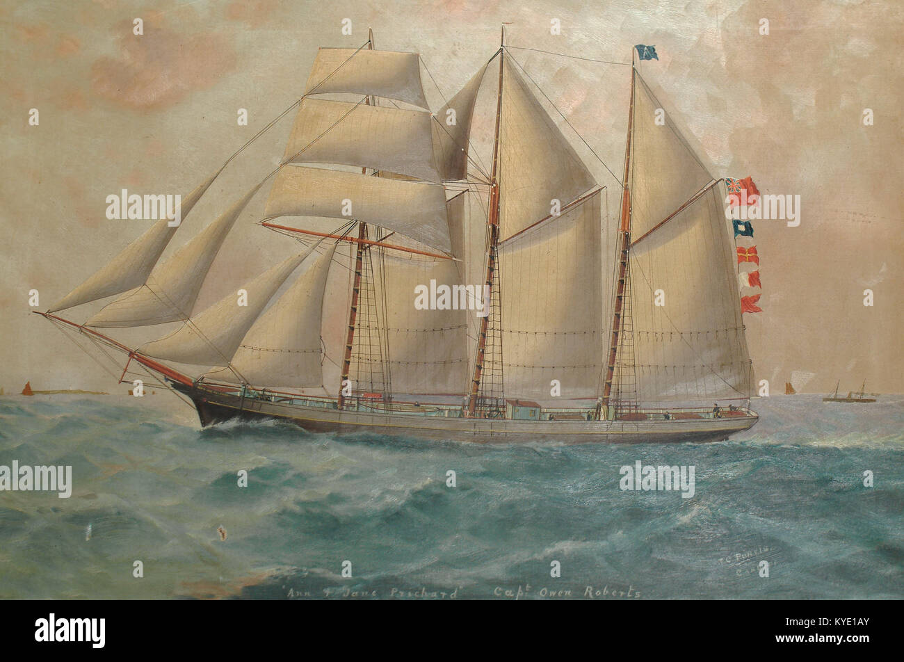 Kunststudie von Thomas G. Purvis, die die Yacht „Ann and Jane Pritchard“ darstellt, wobei er seine Aufmerksamkeit für maritimes Design und nautische Details in seinen maritimen Kunstwerken unterstreicht. Stockfoto