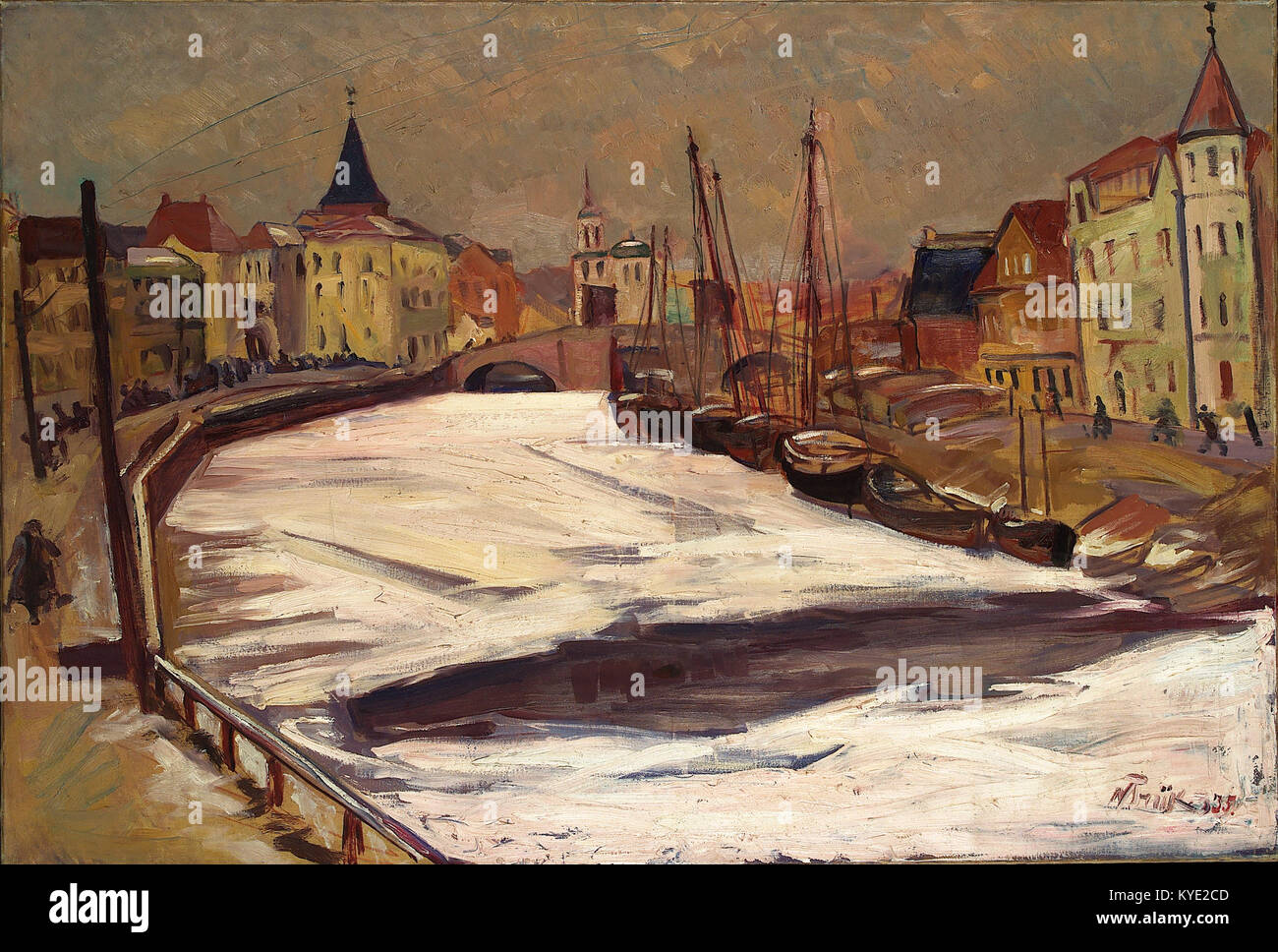 Eine Winterszene von Tartu mit dem Fluss Emajõgi, gemalt vom estnischen Künstler Nikolai Triik. Das Kunstwerk fängt die Landschaft und Atmosphäre der Stadt während der Wintersaison ein. Stockfoto
