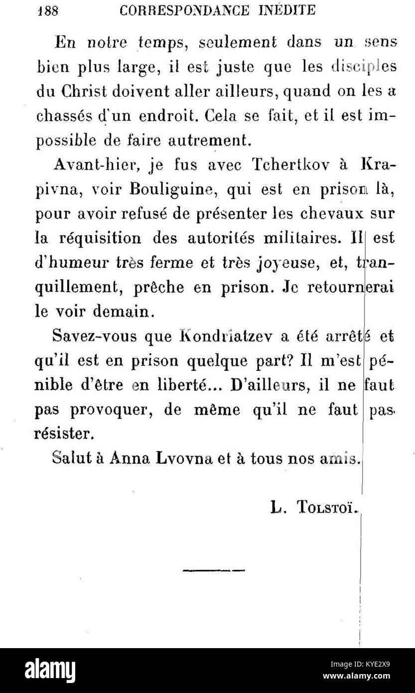 Dieses Bild zeigt eine Seite aus Leo Tolstois „Correspondance inédite“, einer Sammlung unveröffentlichter Briefe von J.-Wladimir Bienstock, die 1907 von E. Fasquelle veröffentlicht wurde. Das Buch gibt Einblicke in Tolstois persönliche und philosophische Korrespondenz. Stockfoto