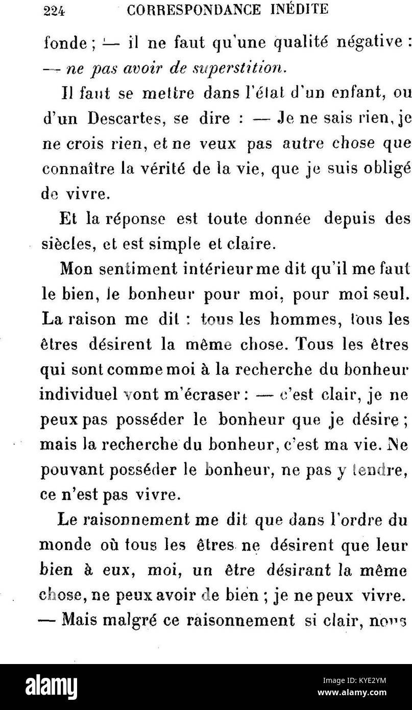 Dieses Bild zeigt eine Seite aus Leo Tolstois „Correspondance inédite“, einer Sammlung unveröffentlichter Briefe von J.-Wladimir Bienstock, die 1907 von E. Fasquelle veröffentlicht wurde. Es gibt Einblicke in Tolstois persönliche und philosophische Korrespondenz. Stockfoto