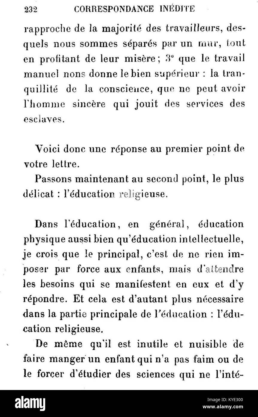 Dieses Bild zeigt eine Seite aus Leo Tolstois „Correspondance inédite“, einer Sammlung unveröffentlichter Briefe von J.-Wladimir Bienstock, die 1907 von E. Fasquelle veröffentlicht wurde. Es gibt Einblicke in Tolstois persönliche und philosophische Gedanken. Stockfoto