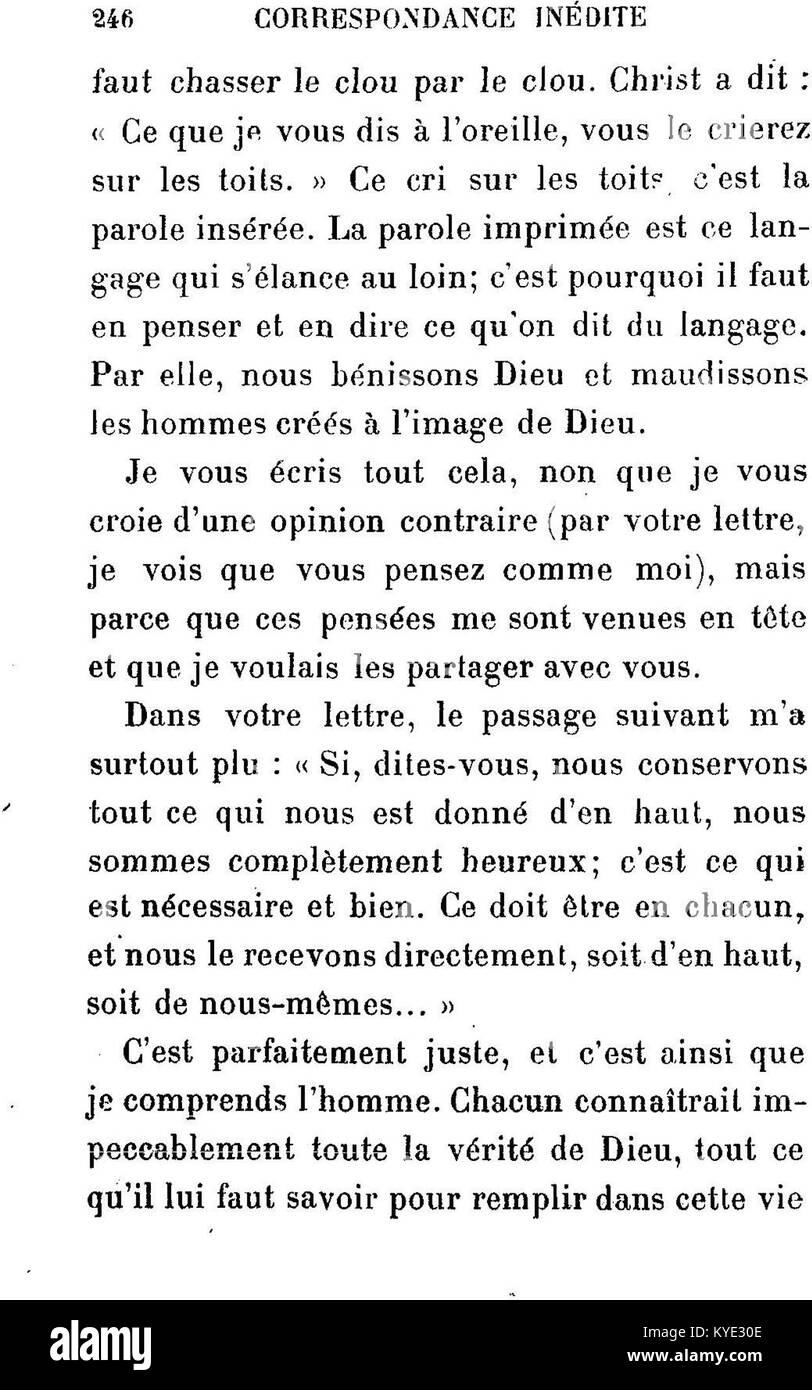 Dieses Bild zeigt eine Seite aus Leo Tolstois „Correspondance inédite“, einer Sammlung seiner unveröffentlichten Briefe, die von J.-Wladimir Bienstock zusammengestellt und 1907 bei E. Fasquelle in Paris veröffentlicht wurden. Das Buch bietet Einblicke in Tolstois persönliche und philosophische Korrespondenz. Stockfoto