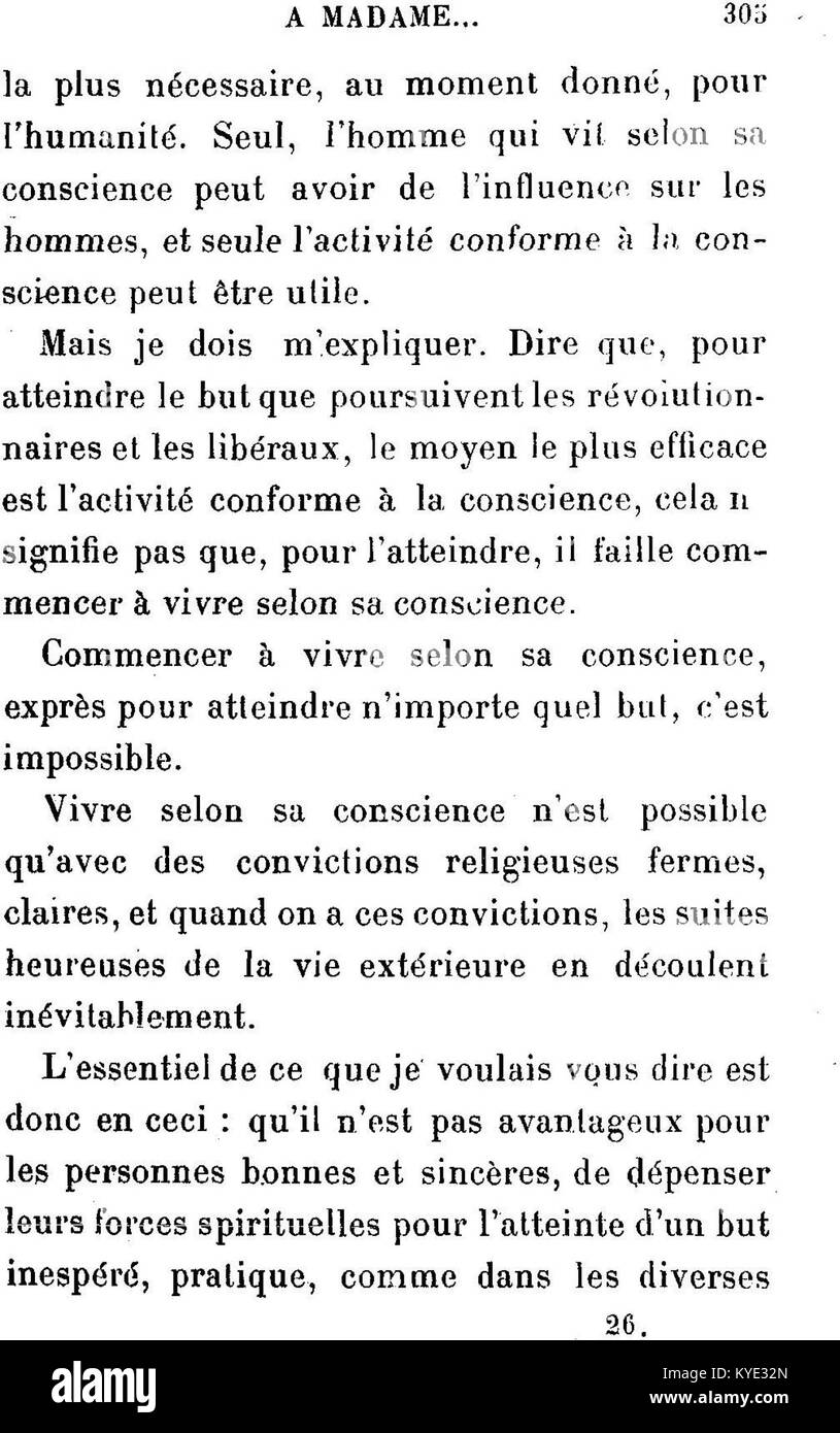 Dieses Bild zeigt eine Seite aus Leo Tolstois „Correspondance inédite“, einer Sammlung seiner unveröffentlichten Briefe, die von J.-Wladimir Bienstock zusammengestellt und 1907 bei E. Fasquelle in Paris veröffentlicht wurden. Die Briefe spiegeln Tolstois Gedanken über persönliche und philosophische Angelegenheiten wider. Stockfoto