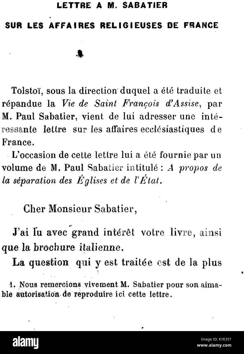Correspondance inédite ist ein Band aus dem Jahr 1907, in dem zuvor unveröffentlichte Briefe des russischen Autors Leo Tolstoi, herausgegeben und kommentiert von J-Wladimir Bienstock, präsentiert seine Kommunikation mit verschiedenen Persönlichkeiten wie Staatsmännern, Schriftstellern und religiösen Persönlichkeiten vom späten 19. Bis zum frühen 20. Jahrhundert. Stockfoto