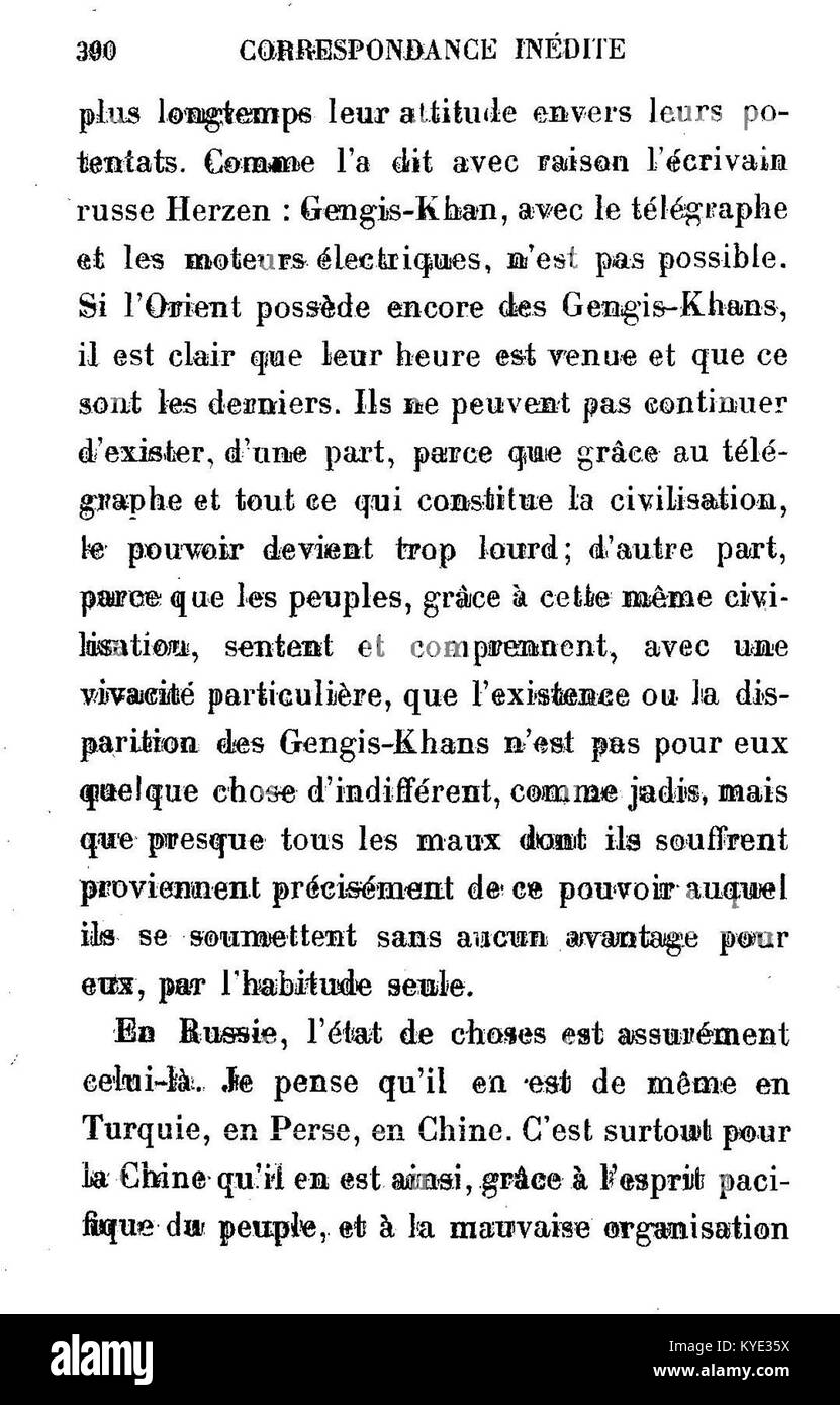 Dieses Bild zeigt eine Seite aus Leo Tolstois „Correspondance inédite“, einer Sammlung unveröffentlichter Briefe von J.-Wladimir Bienstock, die 1907 veröffentlicht wurde. Die Briefe zeigen Aspekte von Tolstois persönlichen und philosophischen Ideen auf. Stockfoto