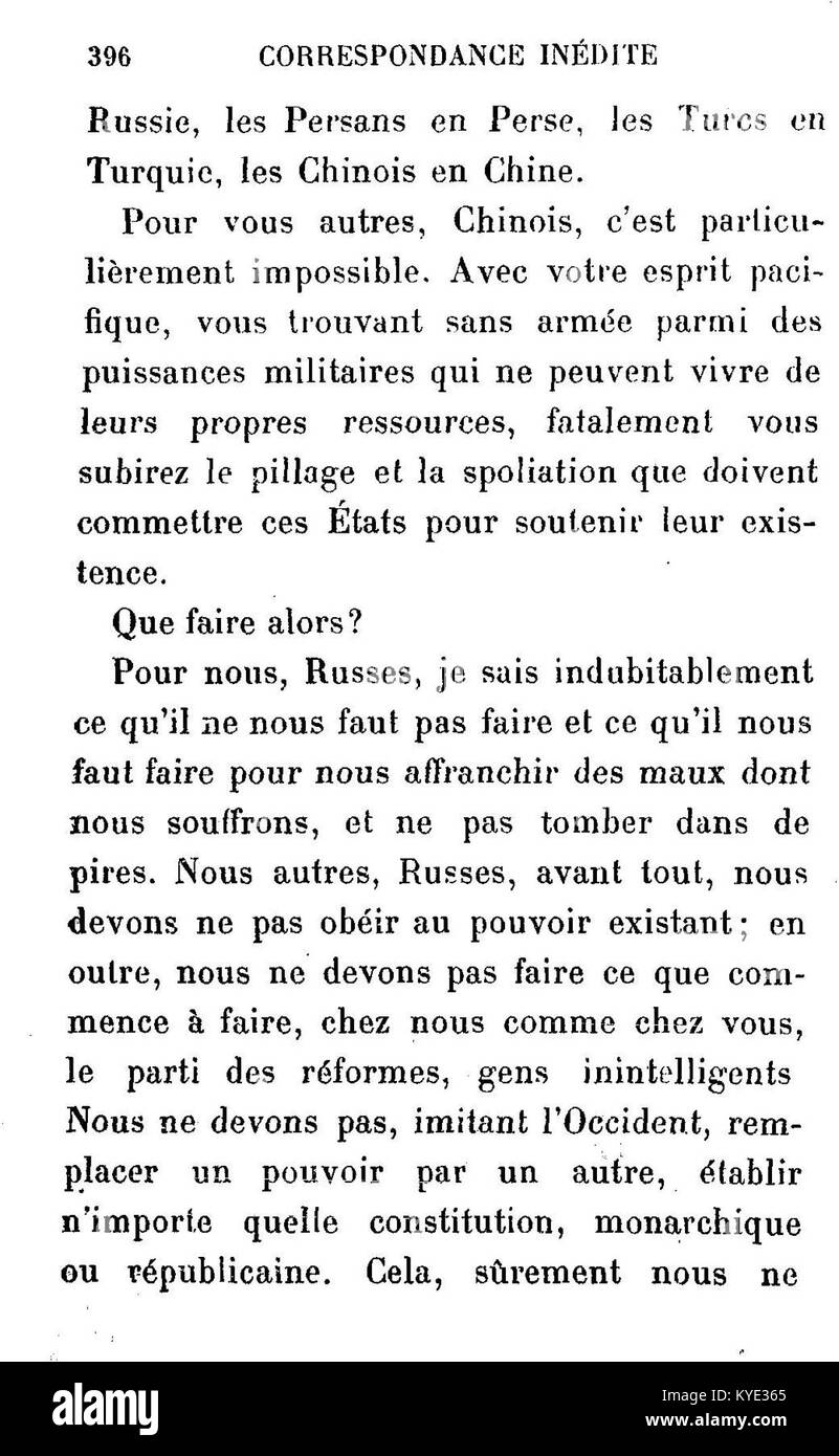 In der 1907 erschienenen Sammlung Correspondance inédite von Leo Tolstoi bietet der Brief Nr. 396 Korrespondenz mit einem japanischen Empfänger, was Tolstois expansives globales Engagement im frühen 20. Jahrhundert widerspiegelt. Stockfoto