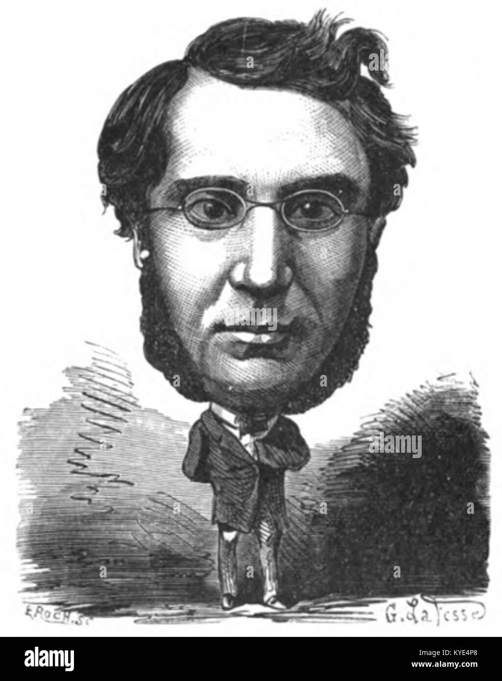 Dieses Porträt des französischen Künstlers Touchatout (Léon-Charles Bienvenu) aus dem 19. Jahrhundert zeigt die Schauspielerin Sarah Bernhardt. Die Illustration ist Teil von Le Trombinoscope, einer Sammlung von Karikaturen, die im 19. Jahrhundert veröffentlicht wurde. Stockfoto