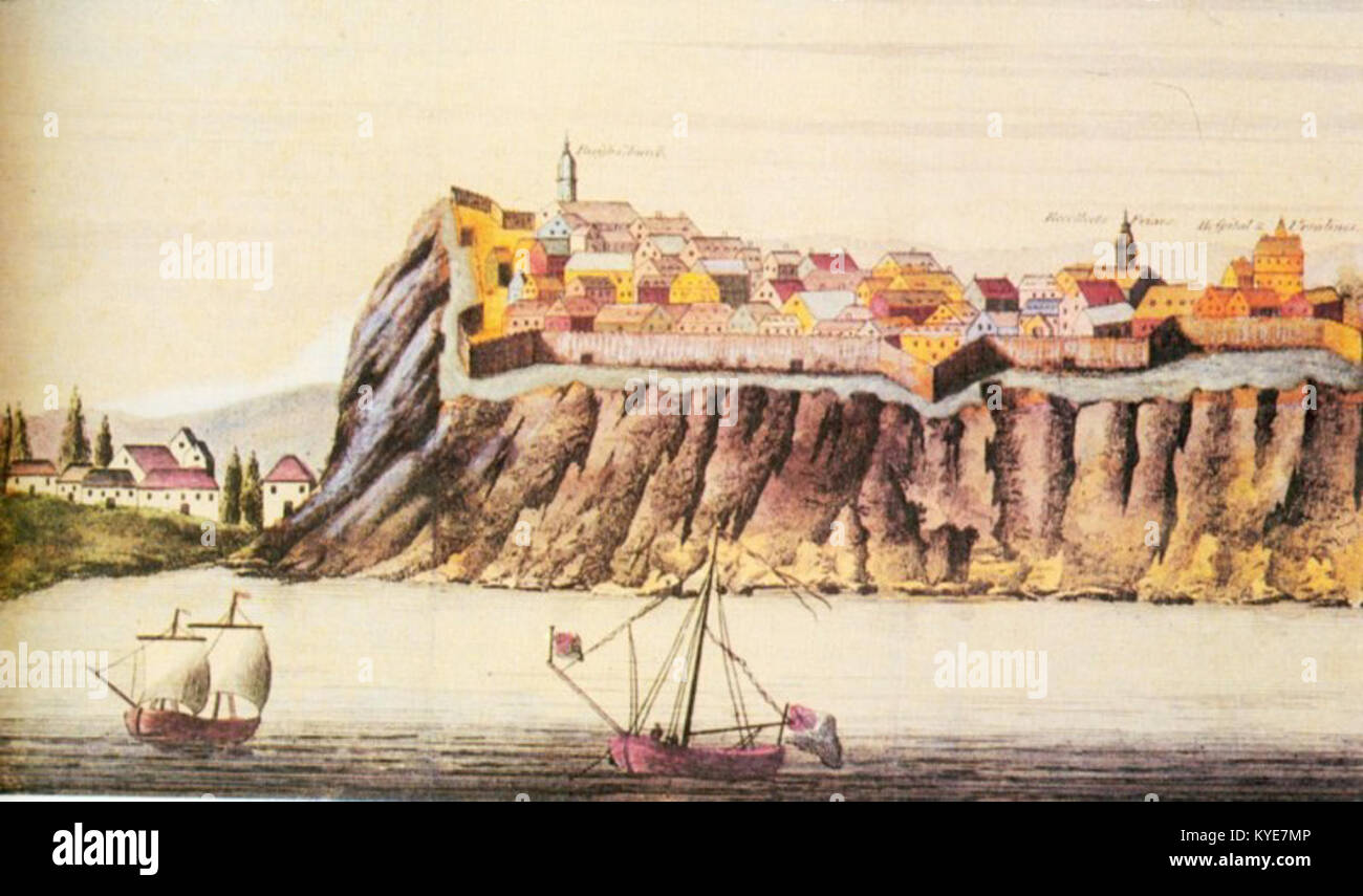 Die Stadt Trois-Rivières in Québec, Kanada, wurde 1634 am Zusammenfluss der Flüsse Saint Maurice und St. Lawrence gegründet und spielte eine Schlüsselrolle im französischen Pelzhandel und später in der industriellen Entwicklung; die Ansicht um 1760 spiegelt den urbanen Charakter und die strategische Lage des Flusses wider. Wikipedia+1 Stockfoto