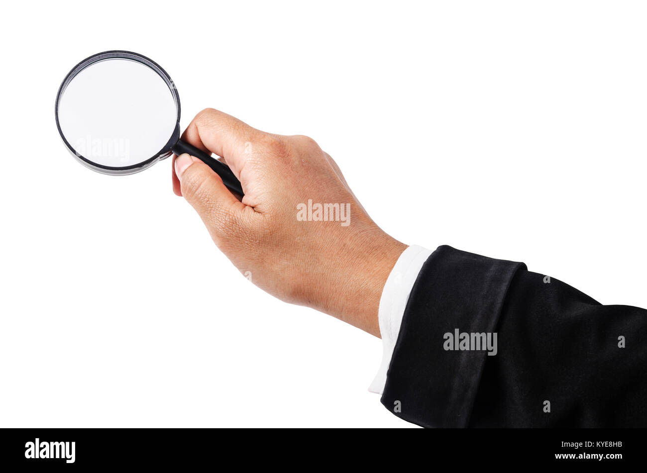 Lupe in der Hand der Geschäftsmann auf weißem Hintergrund; clipping Pfad speichern. Stockfoto