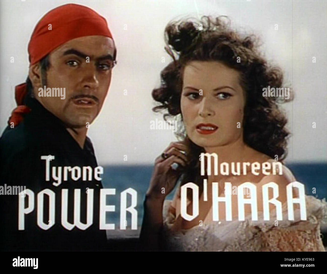 Ein Werbefoto aus dem Film The Black Swan aus dem Jahr 1942 mit den Schauspielern Tyrone Power und Maureen O’Hara. Der Film unter der Regie von Henry King ist ein Technicolor-Abenteuer im Zeitalter der Piraterie in der Karibik. Stockfoto