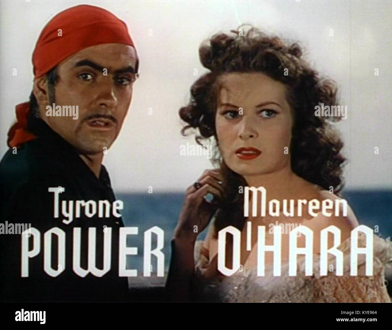 Film still von „Black Swan“ mit den Schauspielern Tyrone Power und Maureen O'Hara, die 1940er Jahre amerikanisches Kino und Hollywood-Star-Auftritte repräsentieren. Stockfoto