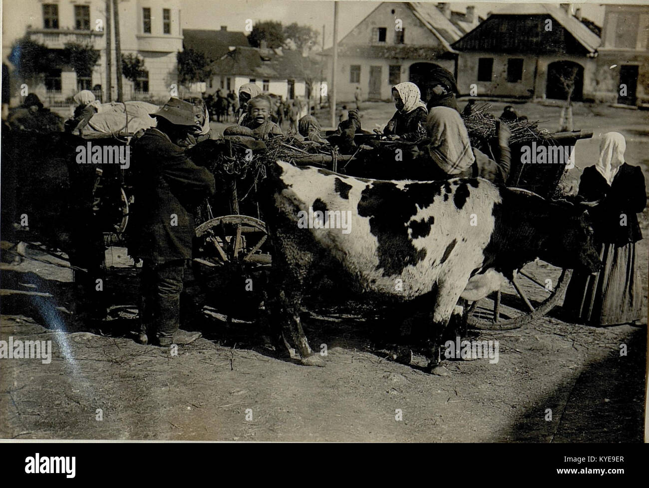 Eine Fotografie aus dem Jahr 1915, die Flüchtlinge zeigt, die sich während des Ersten Weltkriegs auf dem Marktplatz von Podhajce in Polen versammelt haben. Das Bild dokumentiert die Vertreibung von Zivilisten und die Auswirkungen der Kriegsereignisse auf die lokalen Gemeinschaften. Stockfoto