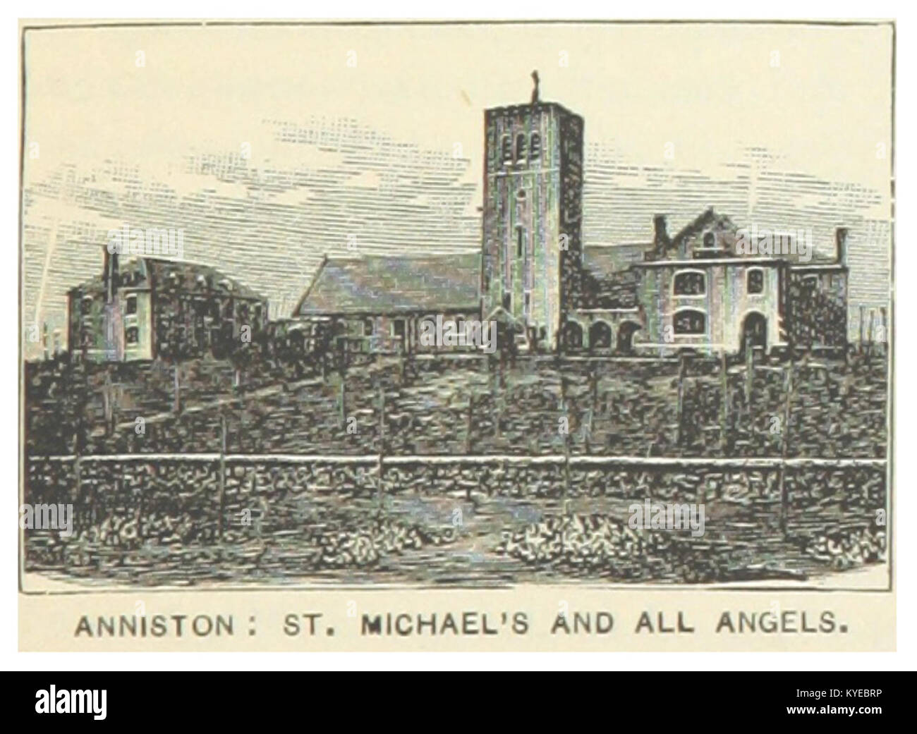 Die Church of St. Michael and All Angels Episcopal in Anniston, Alabama wurde von dem Architekten William Halsey Wood entworfen und 1890 im romanischen/normannischen Stil mit einheimischem Sandstein und englischer Handwerkskunst fertiggestellt. Es diente den Arbeitern der Industriestadt und ist im U.S. National Register of Historic Places gelistet. SAH ARCHIPEDIA+2St Michael's+2 Stockfoto