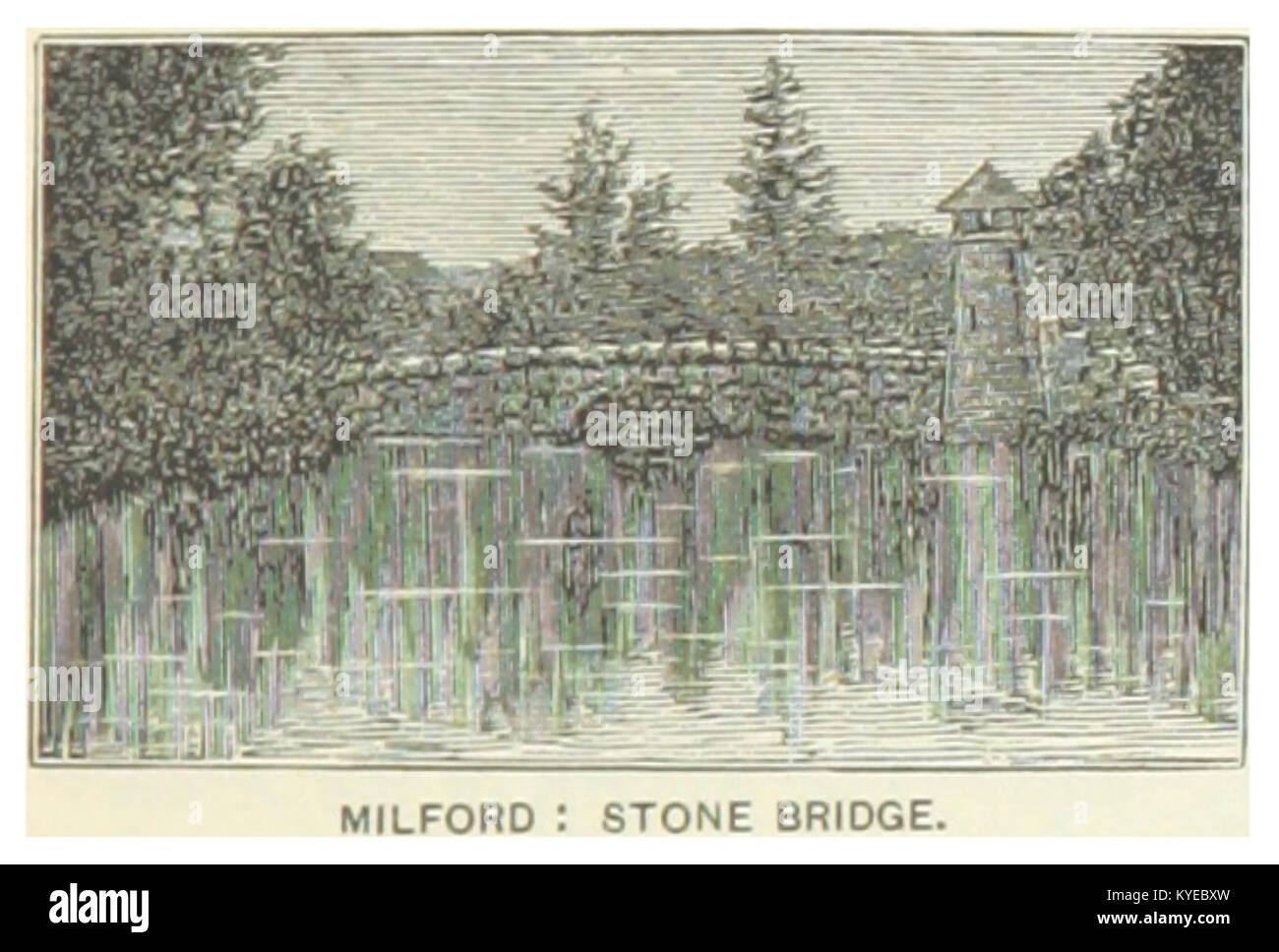 Eine Fotografie aus dem Jahr 1891, die die Stone Bridge in Milford, Connecticut, darstellt und deren Steinbogendesign und Bedeutung als Transportstruktur des späten 19. Jahrhunderts zeigt. Die Brücke ist ein Schlüsselbeispiel für regionale Infrastruktur und lokales Handwerk. Stockfoto