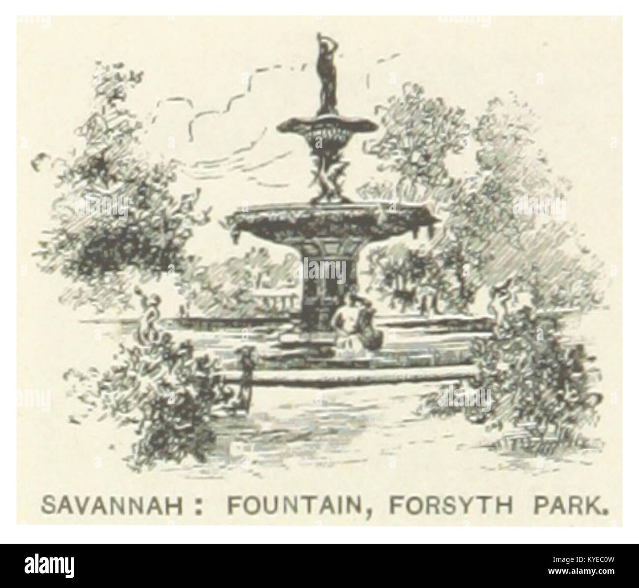Foto des Brunnens im Forsyth Park in Savannah, Georgia, aufgenommen 1891, mit Parkdesign, städtischer Landschaftsgestaltung, und historische öffentliche Räume Stockfoto