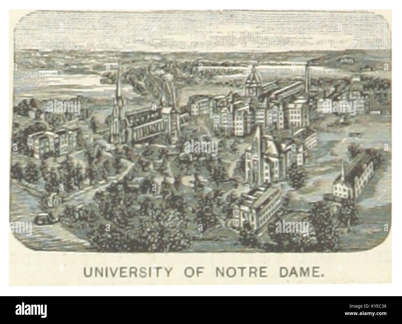 Foto des Campus der University of Notre Dame in Indiana, 1891, mit Universitätsgebäuden, Architektur und Gelände. Stockfoto