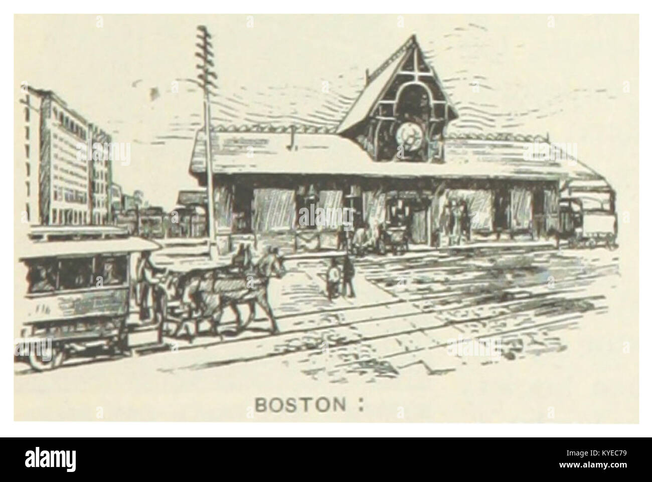 Bostons New-York and New-England Railroad Station in Massachusetts, USA, mit Bahnsteigen, Zügen und Bahnhofsarchitektur im Jahr 1891. Stockfoto