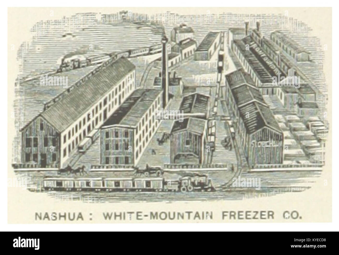 Eine Werbung für die Nashua White-Mountain Freezer Company aus dem Jahr 1891, in der Eiscreme und Kühlprodukte vorgestellt werden, die die Fortschritte in der industriellen Kältetechnik in den USA hervorheben. Stockfoto