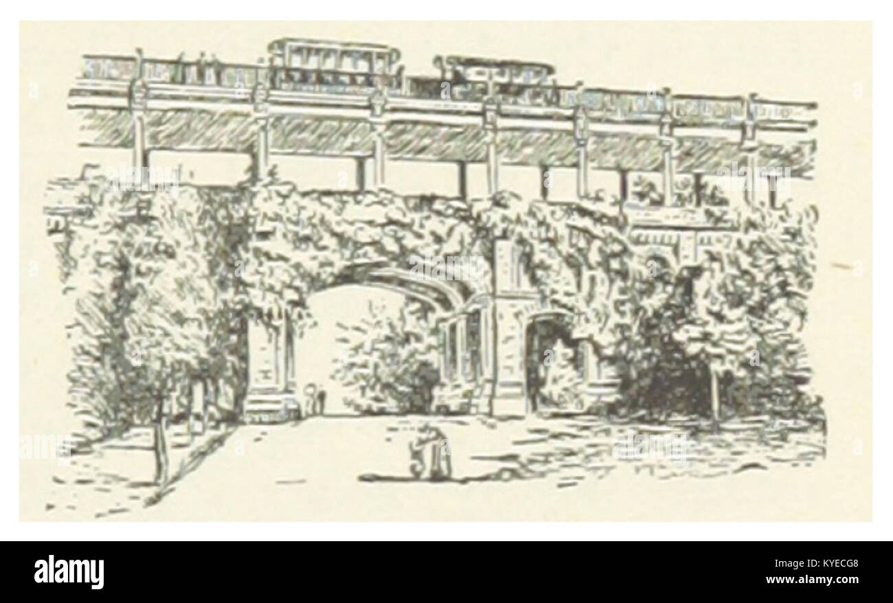 Die 1891 gezeigte Illustration der Brücke in Eden Park, Cincinnati, Ohio, zeigt ihren Steinbogen, der einen parkway überspannt und in eine städtische Landschaft integriert ist und das Design eines öffentlichen Parks aus dem späten 19. Jahrhundert widerspiegelt. Stockfoto