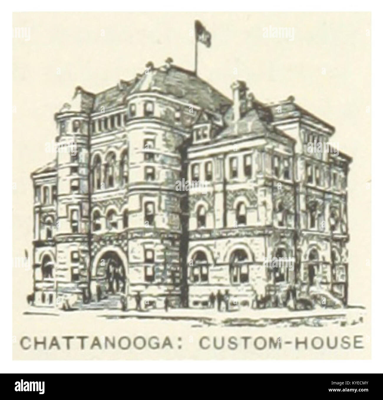Eine Fotografie aus dem Jahr 1891 des Custom House in Chattanooga, Tennessee, zeigt seine romanische Architektur und Bedeutung als Zentrum für Handel und Zoll im späten 19. Jahrhundert. Stockfoto