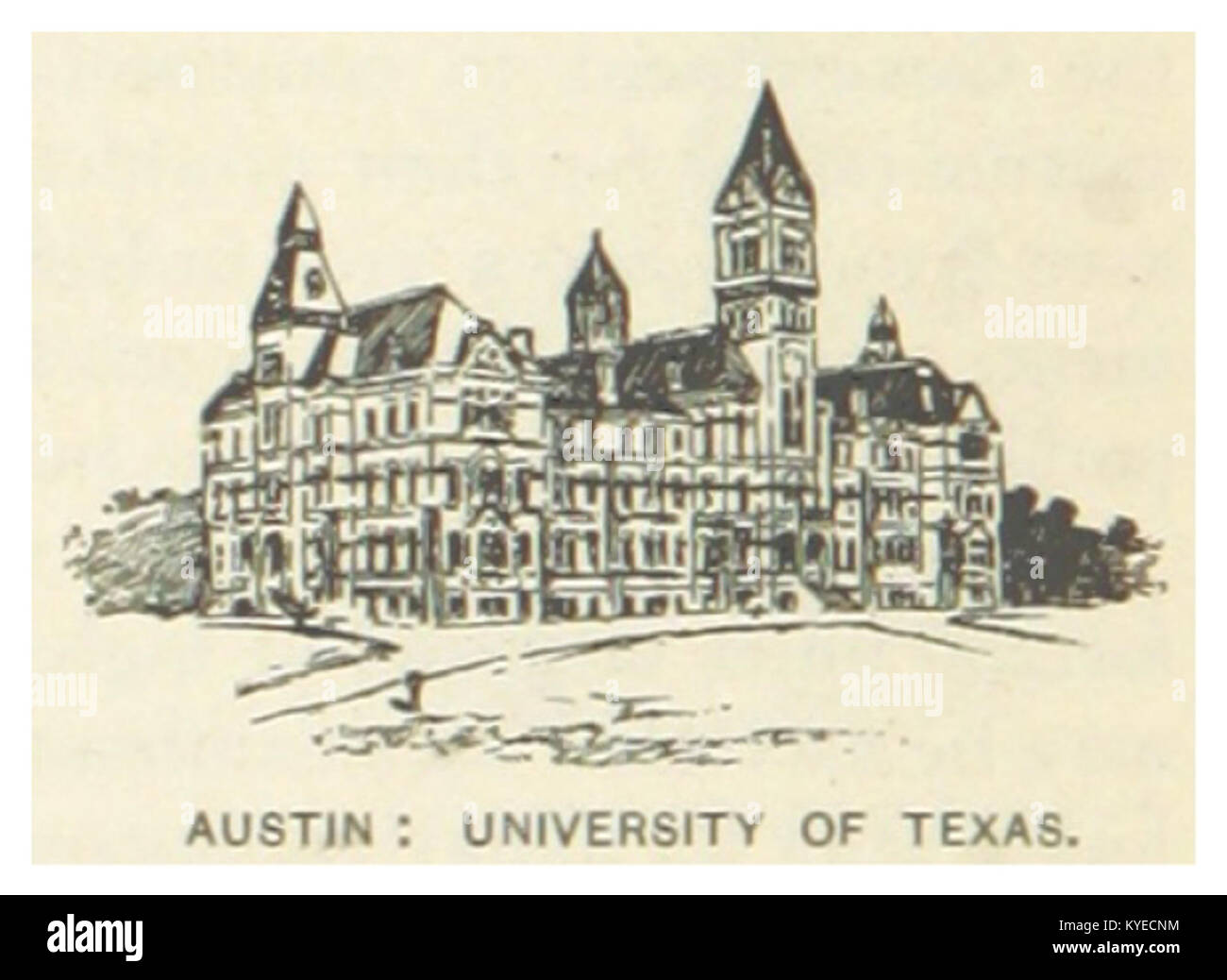 Fotografie des Campus der University of Texas in Austin, 1891, die die Architektur des Campus, akademische Gebäude und die Entwicklung der Institution im späten 19. Jahrhundert illustriert. Stockfoto