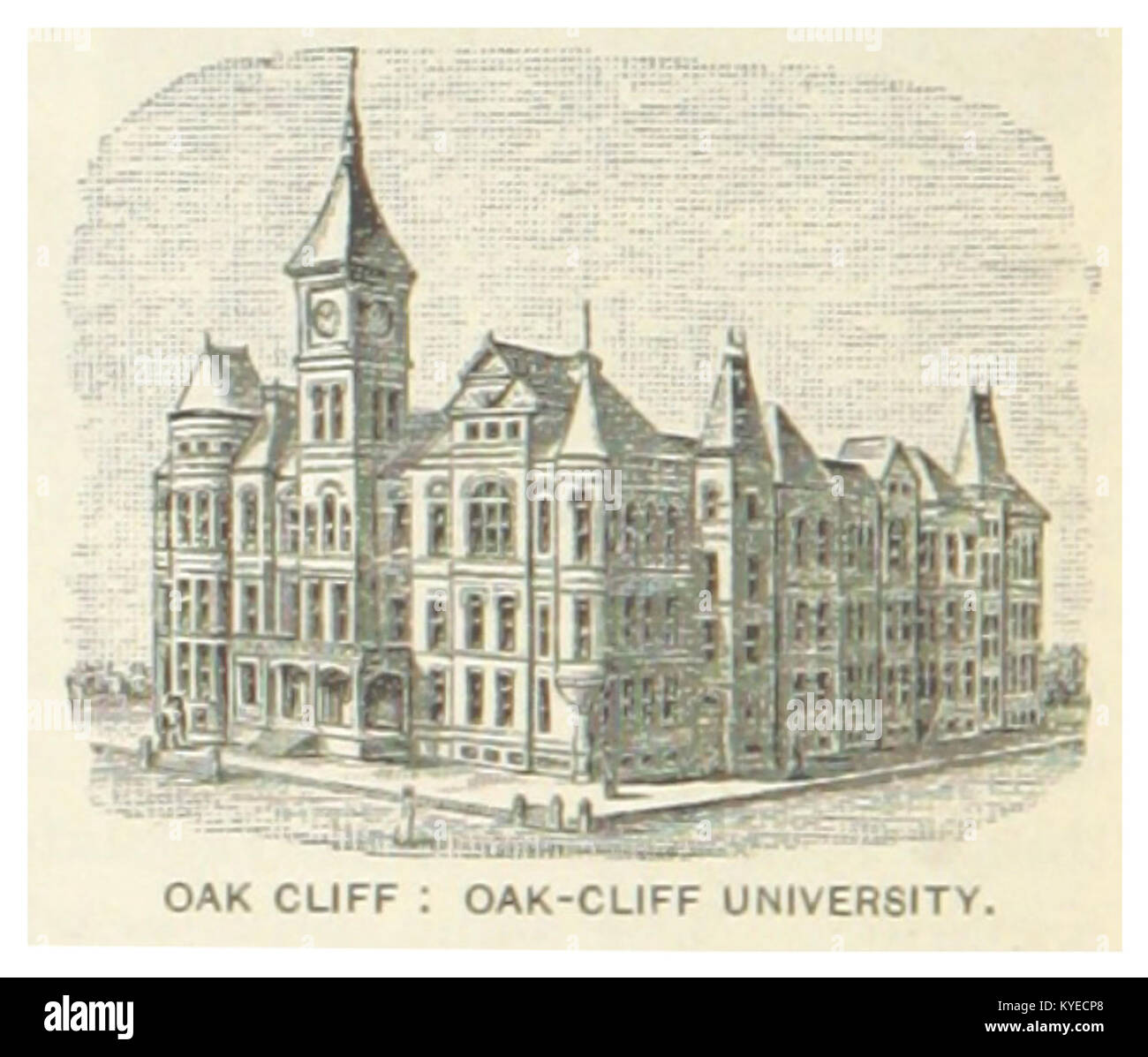 Oak Cliff, Texas, und Oak Cliff University, fotografiert im Jahr 1891, zeigen Architektur, Universitätsgebäude und eine gemeinschaftliche Umgebung aus dem späten 19. Jahrhundert. Stockfoto