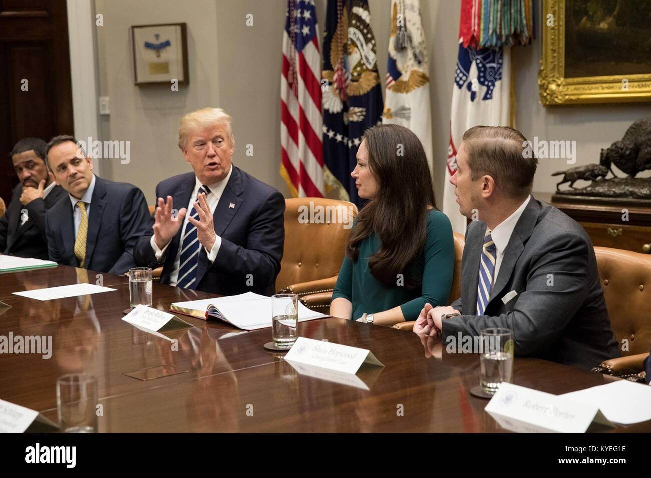 Us-Präsident Donald Trump spricht während einer Gefängnisreform roundtable im Roosevelt Raum des Weißen Hauses Januar 11, 2018 in Washington, DC. Matt Bevin, der Gouverneur von Kentucky ist auf der linken Seite und Brooke Rollins, CEO der Texas Public Policy Foundation, rechts. Stockfoto