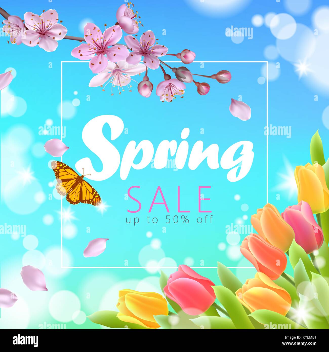 Realistische 3D-Feder Verkauf script Schrift Web Banner Vorlage. Farbe pink sakura Kirschblüte Tulpe Blume blauer Himmel Landschaft Hintergrund design shop Square sozialen Poster Vector Illustration Stock Vektor