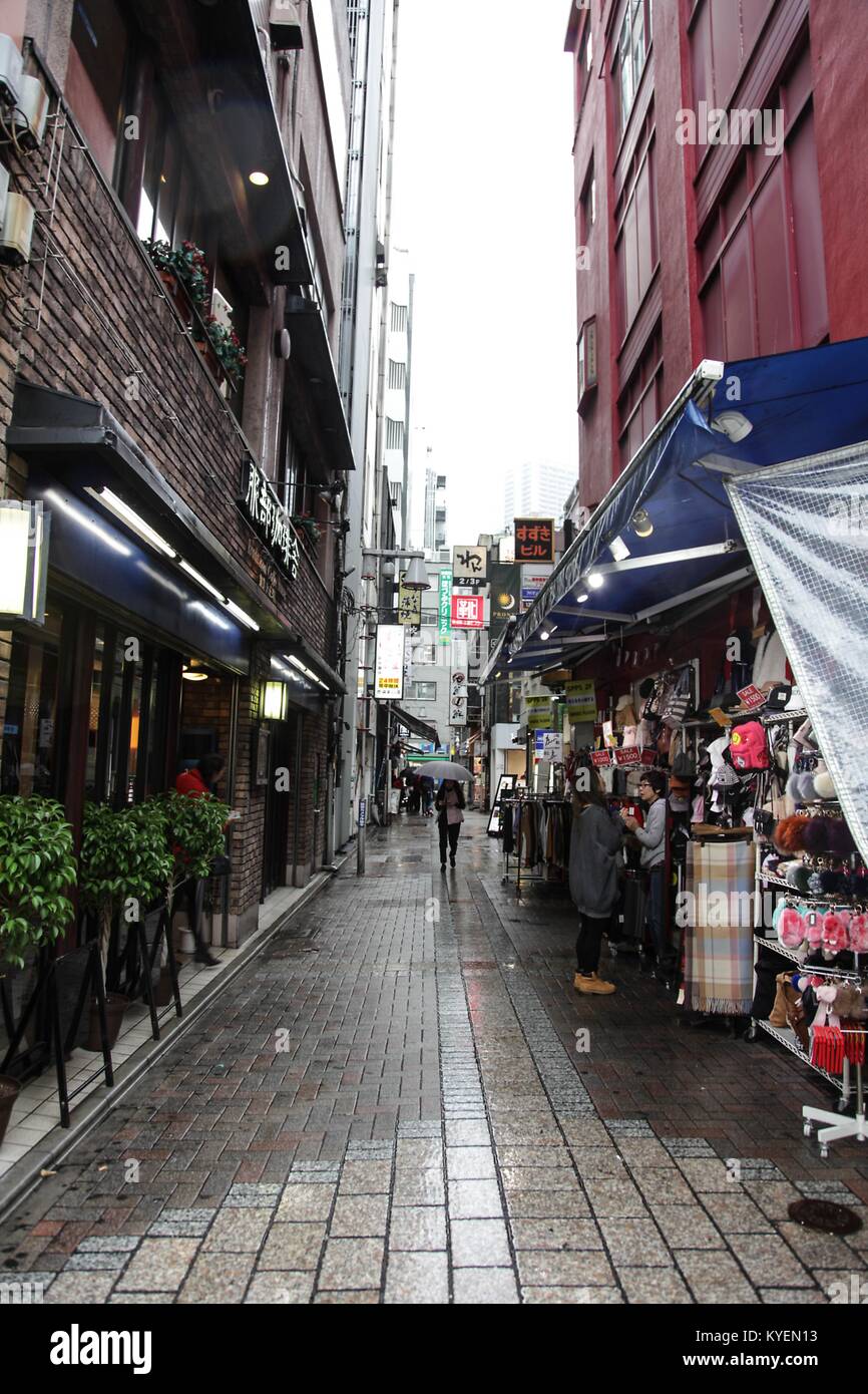 Schmale Straße mit Marktständen und Anbietern an einem regnerischen Tag im Ikebukuro Distrikt von Tokio, Japan, 16. Oktober 2017. () Stockfoto